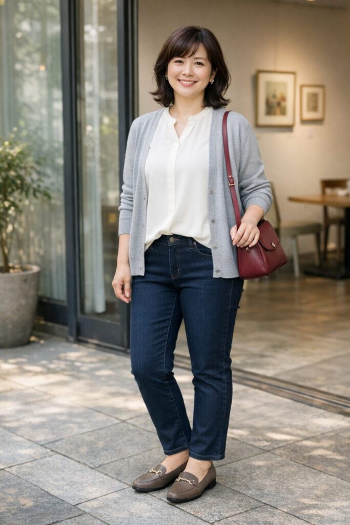 やや腰に掛かるライトグレーのカーディガンもポイント