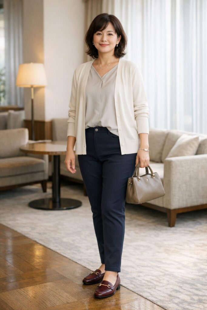 お腹まわりの自然な丸みをやわらかく包みつつ、上品にすっきり見える