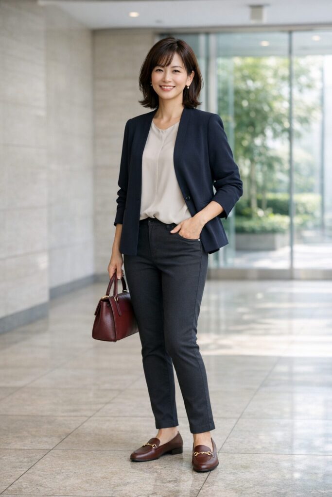 全体として上品、細身でも無理のないコーデ