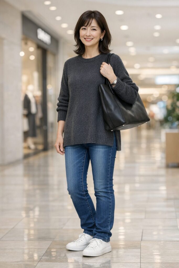 色落ちがやや強く長めの丈、トップスも長めで、少し前の印象に見えやすい