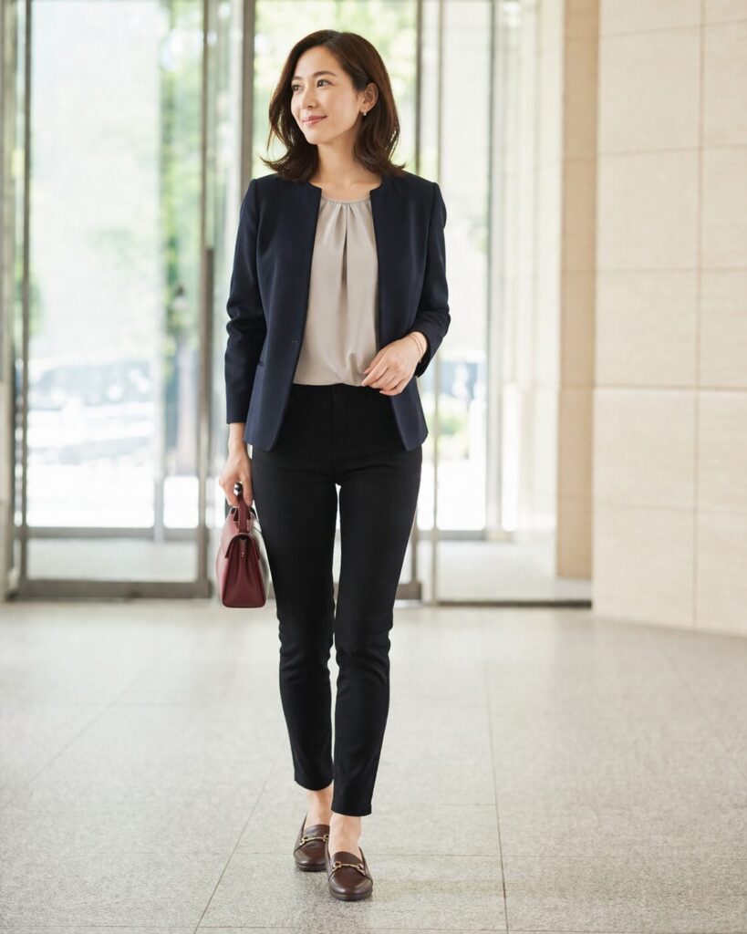 このくらいの細さと素材感だと、黒でも輪郭が出すぎず、きちんと感とやわらかさの両方を取り入れやすいです。