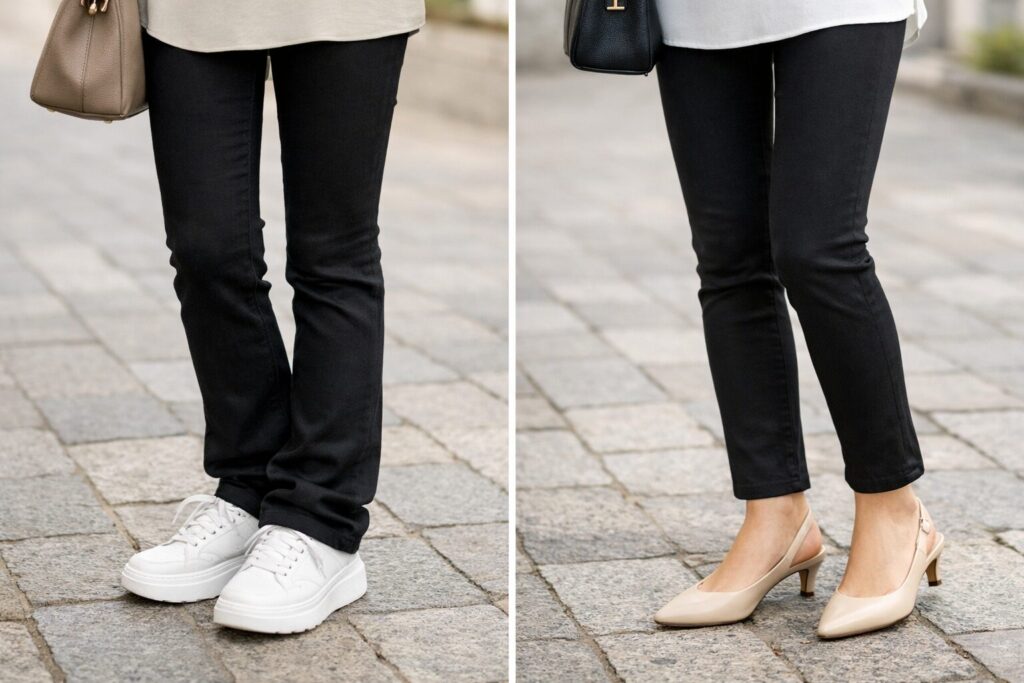 生地の落ち感と足元の軽さの差が自然に伝わる比較構図