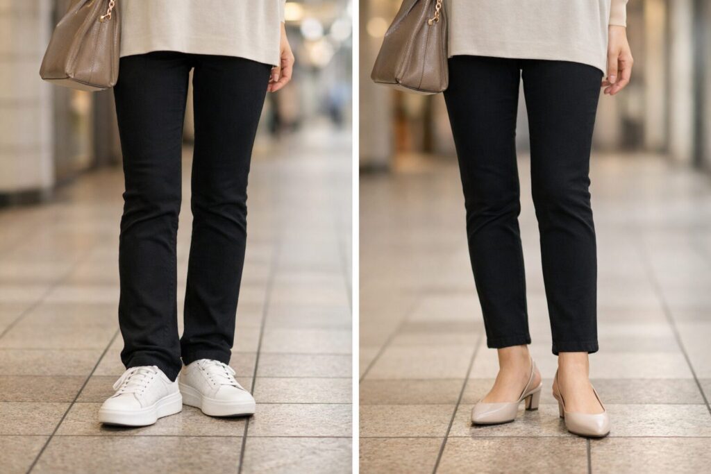 黒スキニーの裾が白のやや厚底ローカットスニーカーの上に軽くたまっている