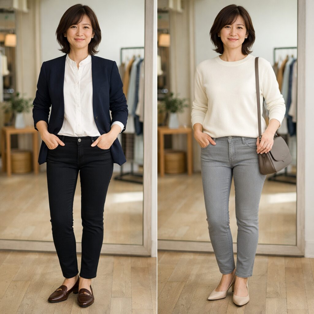 色の印象による違い。パンツとシューズが自然につながっています。