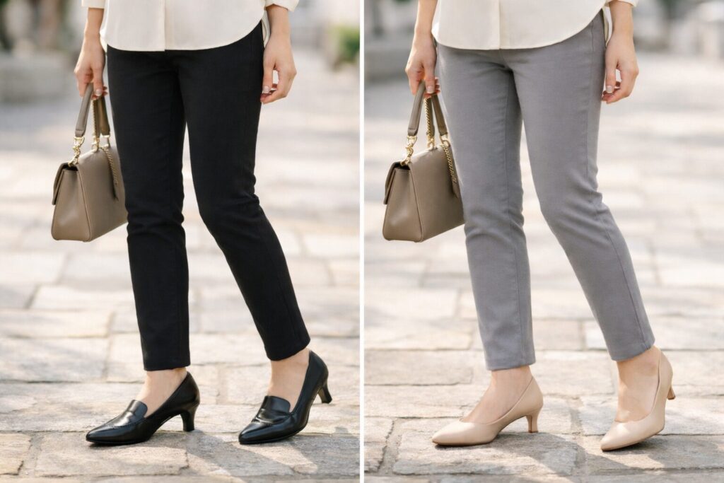 ブラック・グレーともに踝丈で抜け感がありながら、シューズの色選びがよく、パンツとつながりスタイルが良く見えます。
