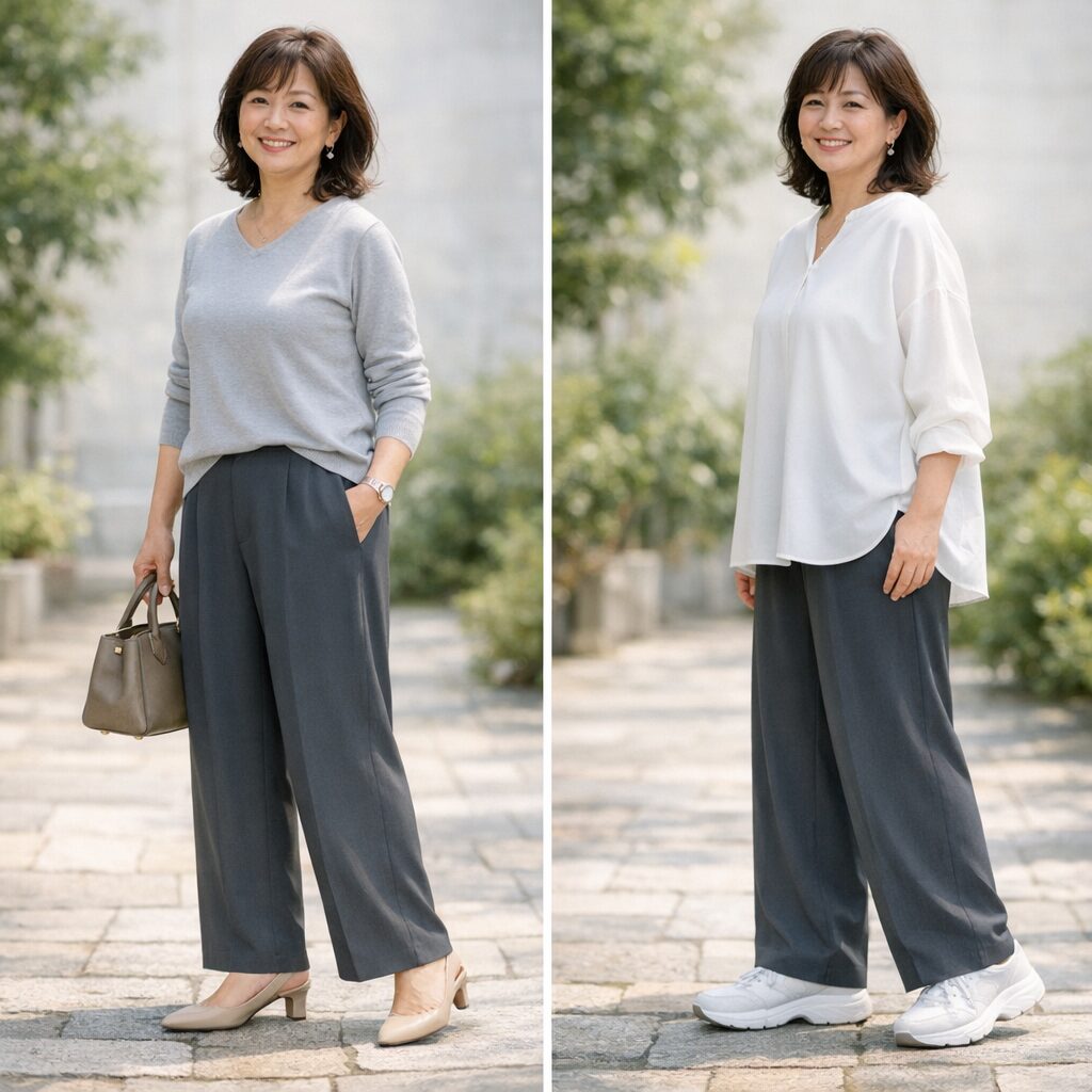50代ぽっちゃりさんがワイドパンツをきれいめに見せる上半身と足元の整え方