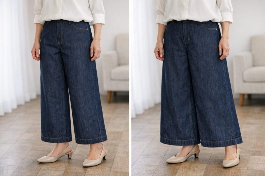 腰下から足元までの丈と幅の差が分かる