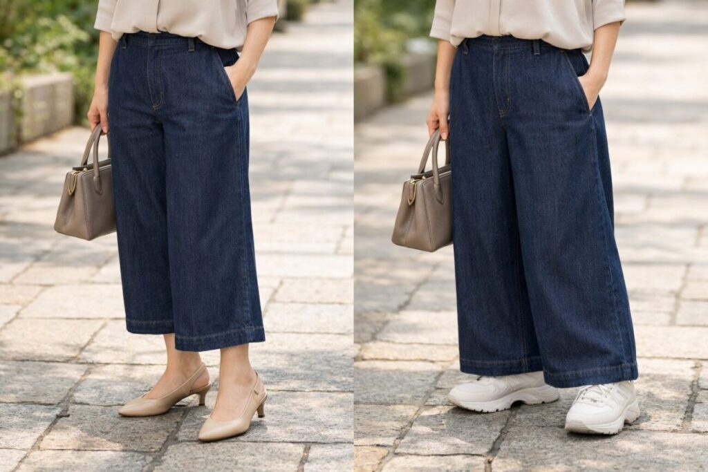 デニムガウチョパンツを着用した足元中心の比較
