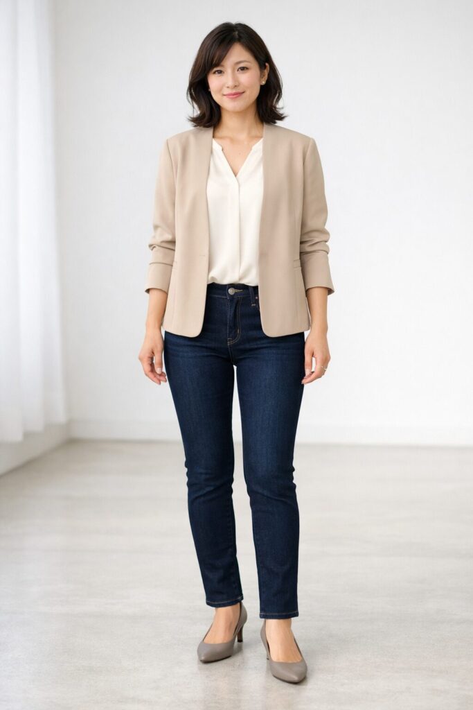 細すぎないシルエット、腰まわりの張りが出にくいこと、きれいめ感