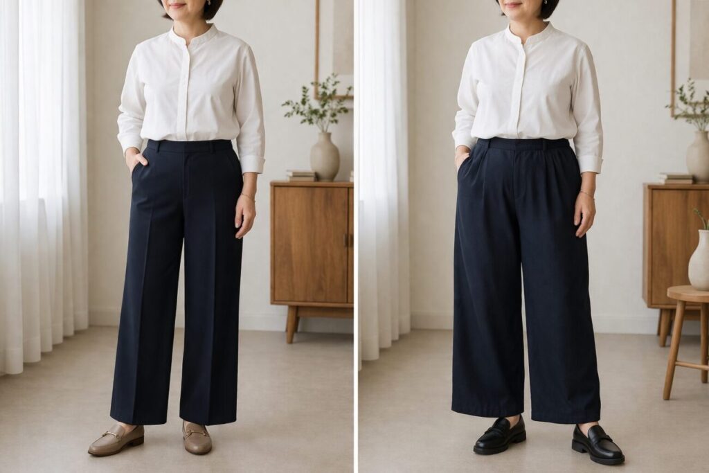 50代ぽっちゃりさんが重たく見えにくいワイドパンツの腰まわりと落ち感の違い