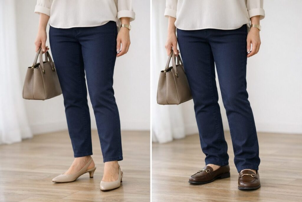 足元と裾のつながりの違いを見せる