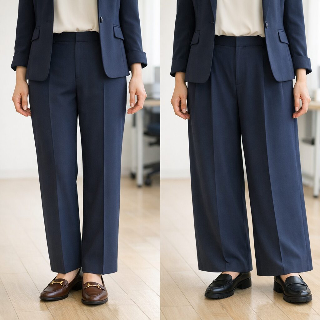 通勤向きのレディースワイドパンツスーツで、落ち感の違いが分かる