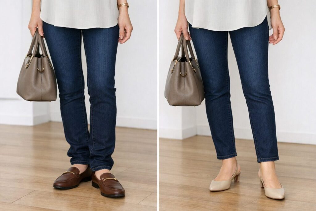 50代女性が同じスキニーデニムを着用し、片方は裾がもたつかず、ベージュのスリングバックパンプスまたはブラウンの細身ローファーと自然につながる。もう片方は裾がたまり気味。