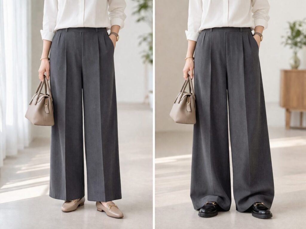 40代でも重たく見えにくいワイドパンツの丈感と落ち感の違い