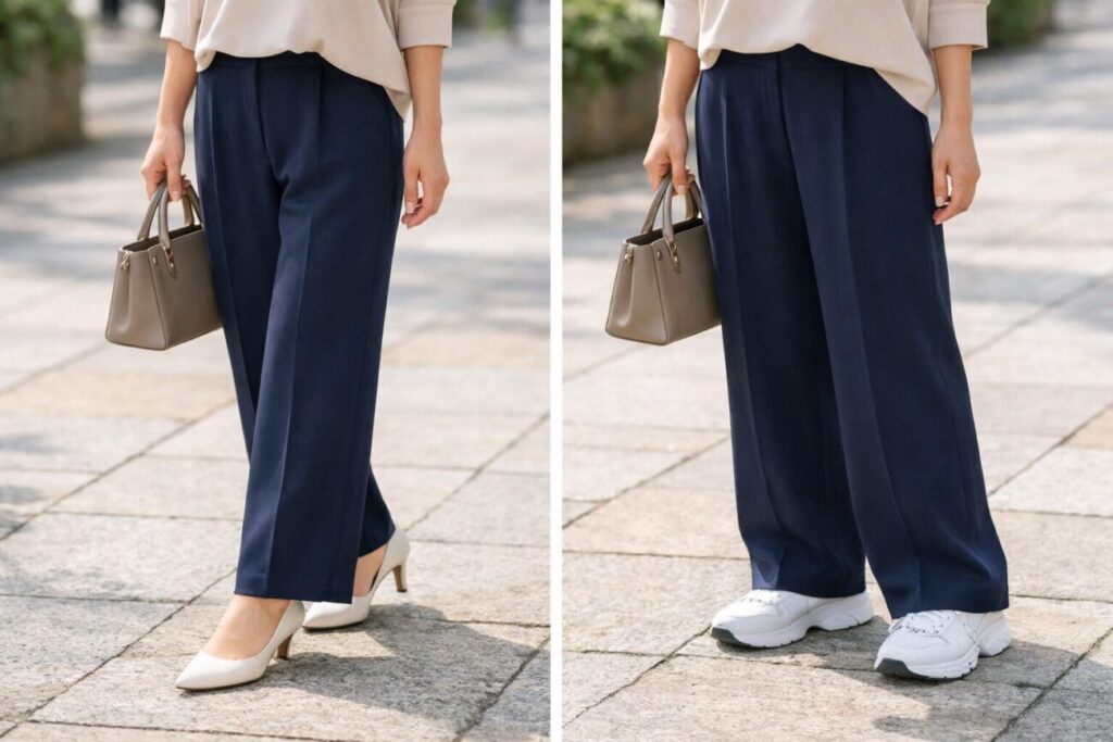 40代がワイドパンツをきれいめに履きやすい足元