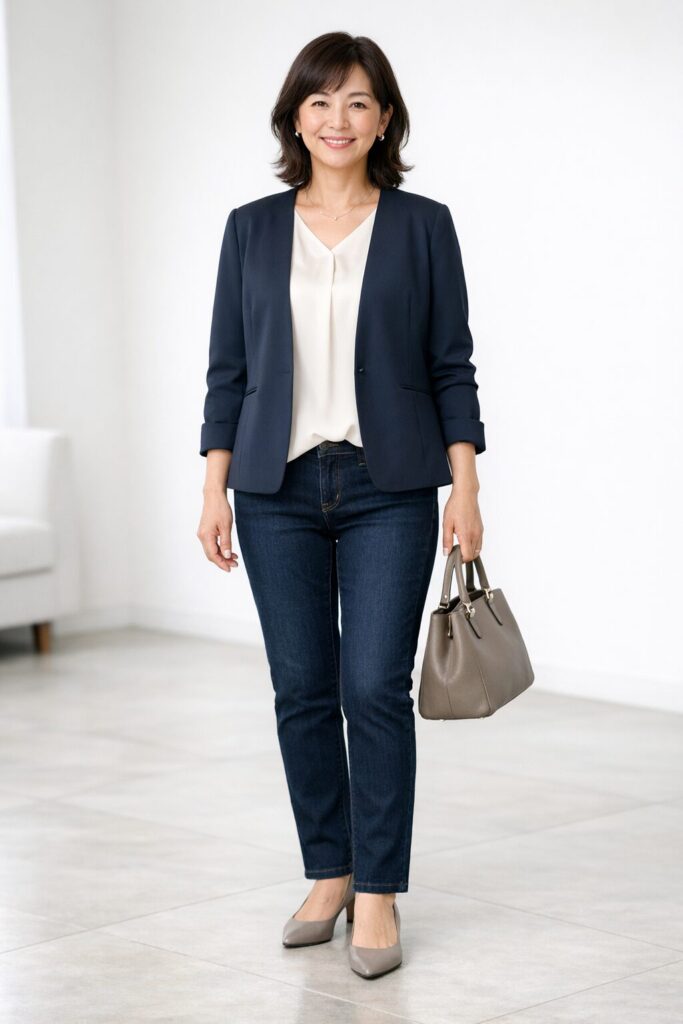 無理して見えない細さ、上品な縦ライン、50代らしい自然なきれいめ感
