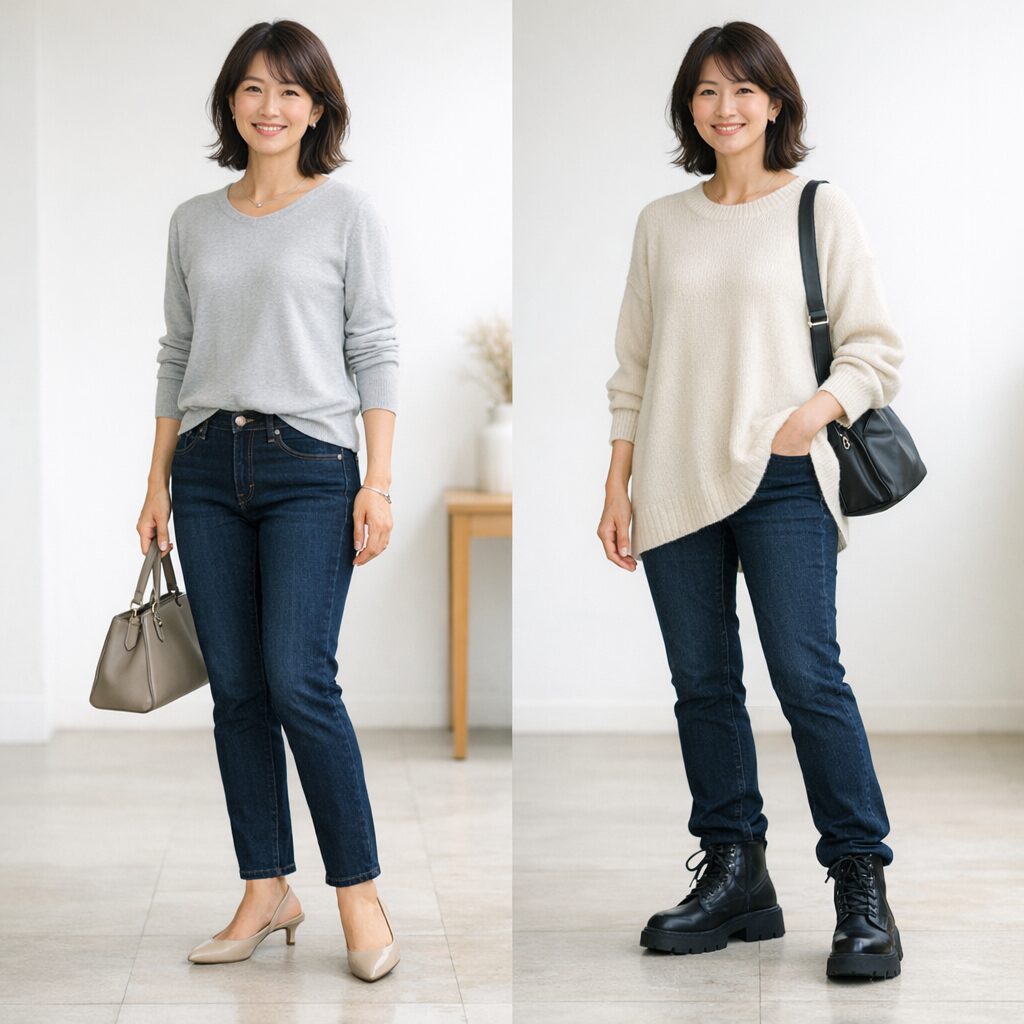 40代のスキニーデニムをきれいめに見せる足元の違い