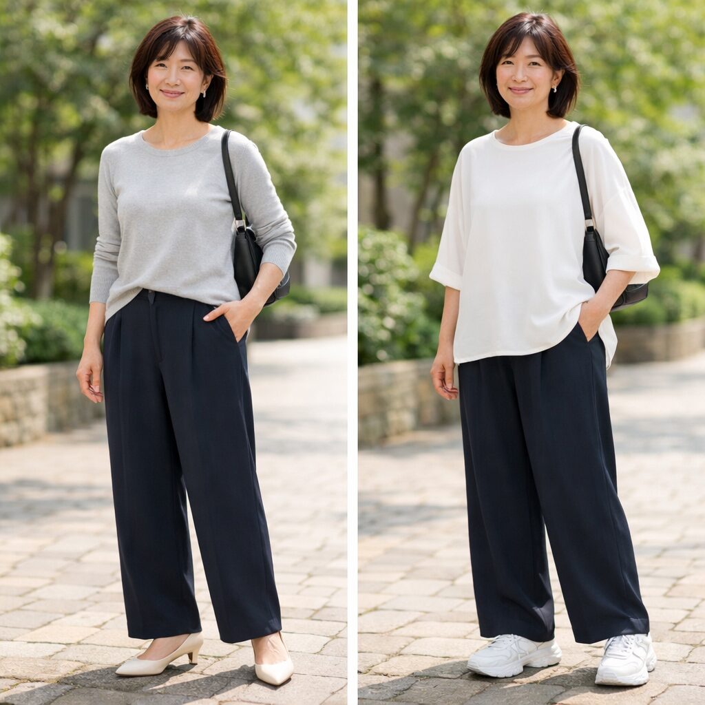 50代がワイドパンツをカジュアルすぎなく見せるトップスと足元の整え方