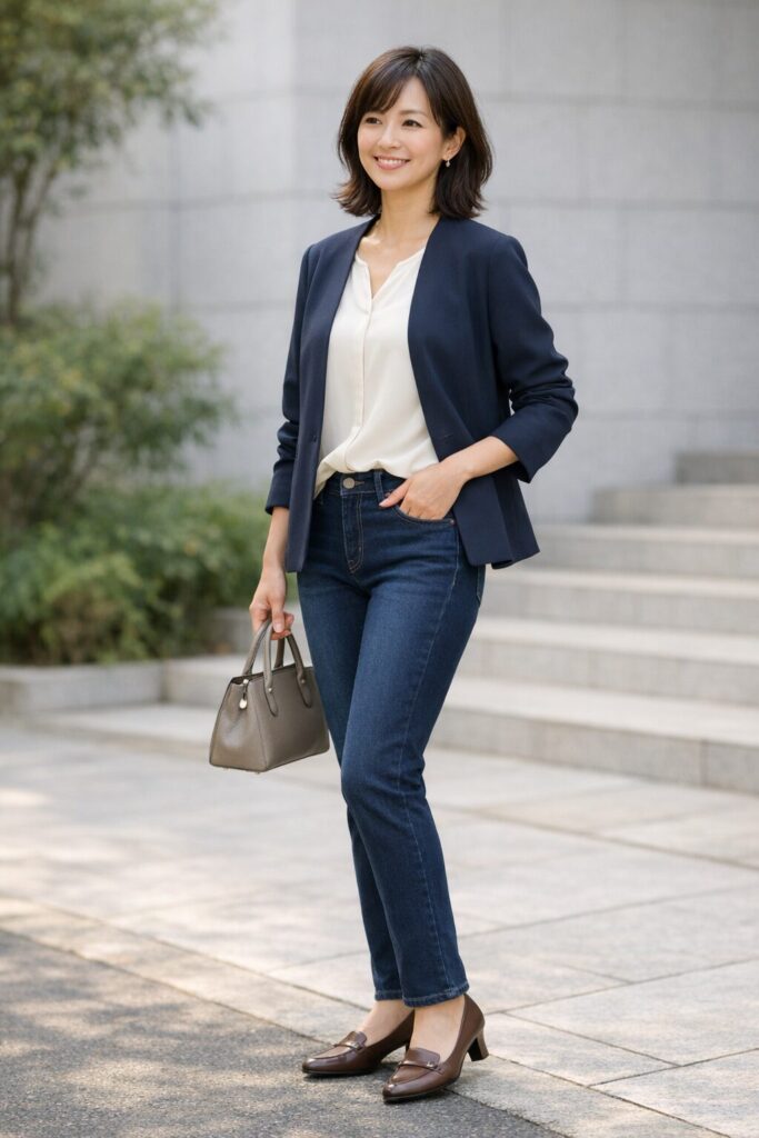 全身で細すぎないスキニーの整い方を見せる