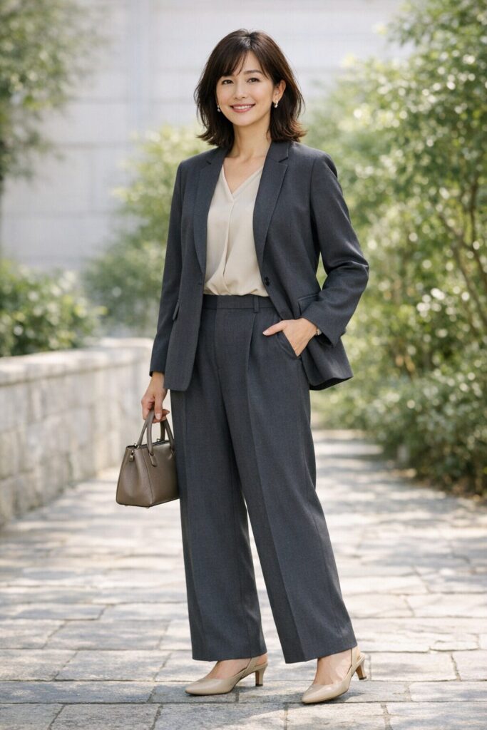 レディースのワイドパンツスーツを重たく見せにくい足元と上半身の整え方