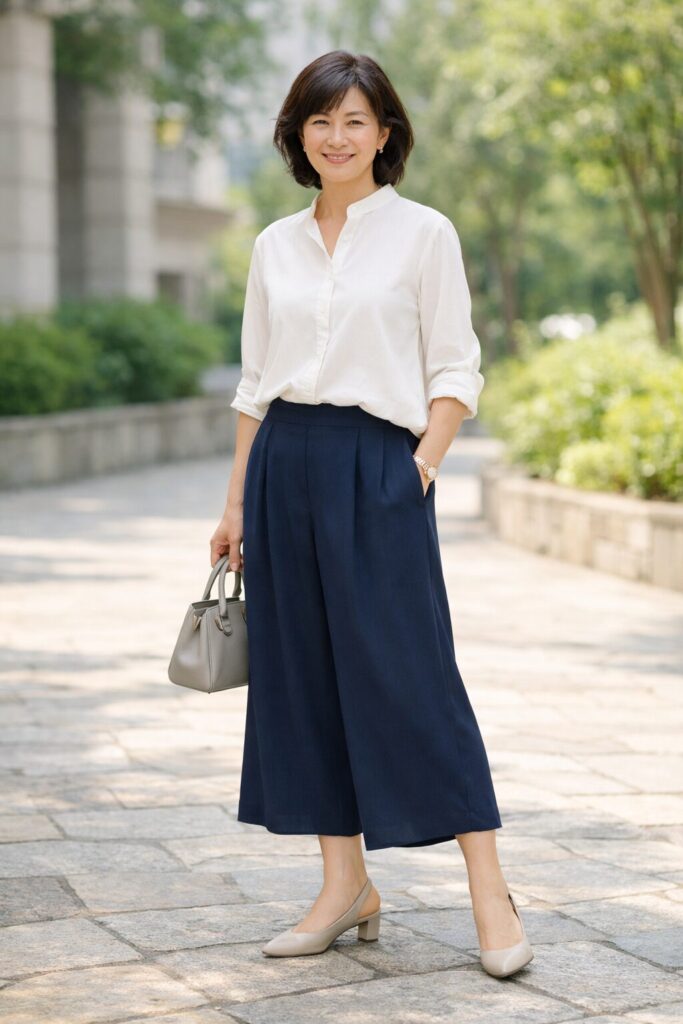 下半身の広がりが重たく見えず、上品で涼しげにまとまる