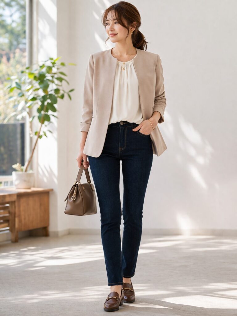 腰まわりの自然なゆとり、きれいめな印象が分かる