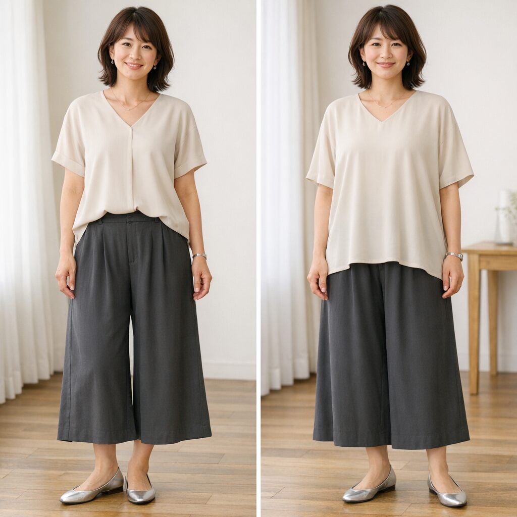 トップスの丈感と上半身の軽さの差が自然に伝わる
