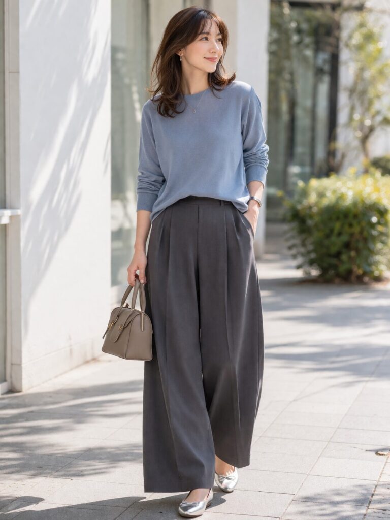 ワイドパンツでも重たく見えず、やわらかく上品にまとまる