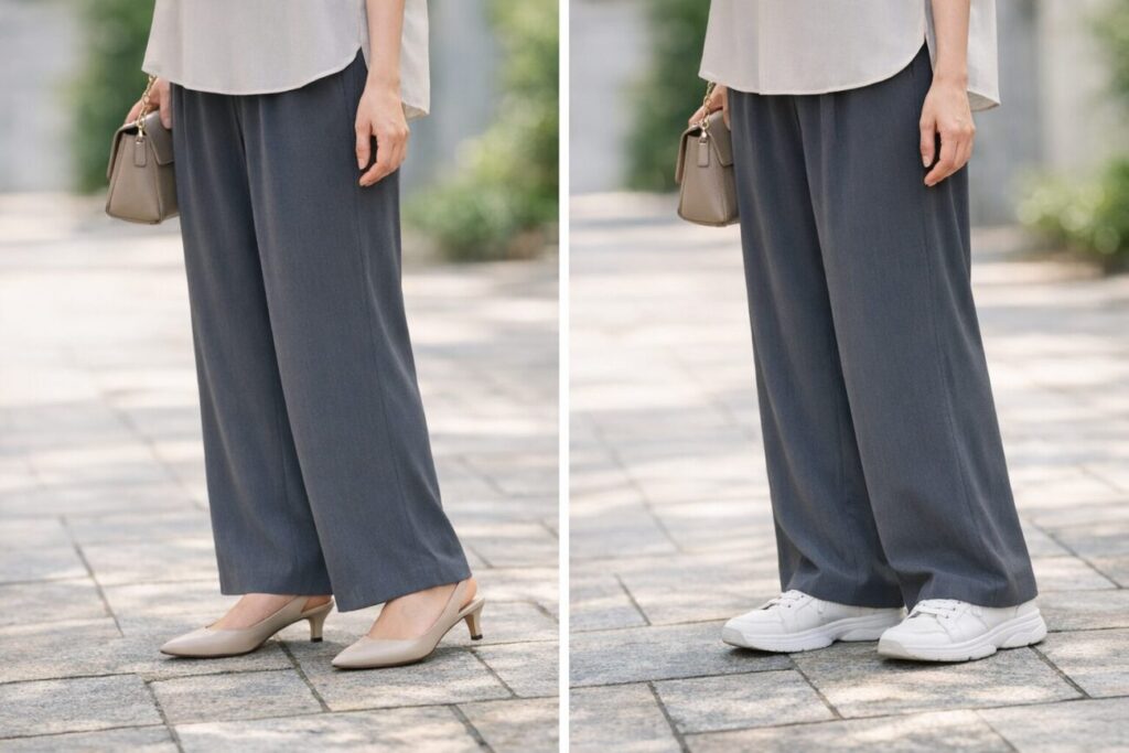 ワイドパンツを重たく見せにくい裾丈と靴のつながり