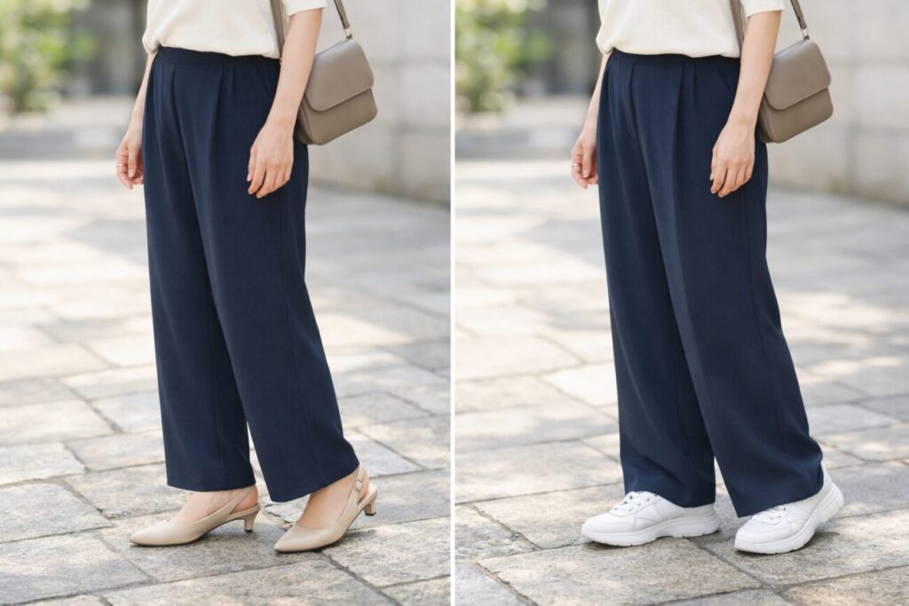 ワイドパンツをきれいめに寄せやすい足元の違い